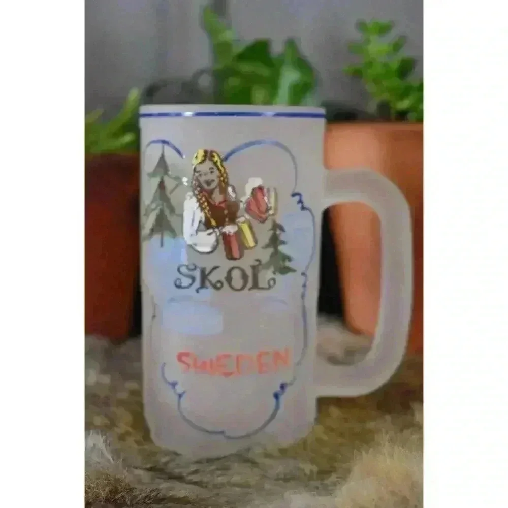 4 Frosted Beer Mugs Prosit Skol Ireland‎ glass stein vintage barware European